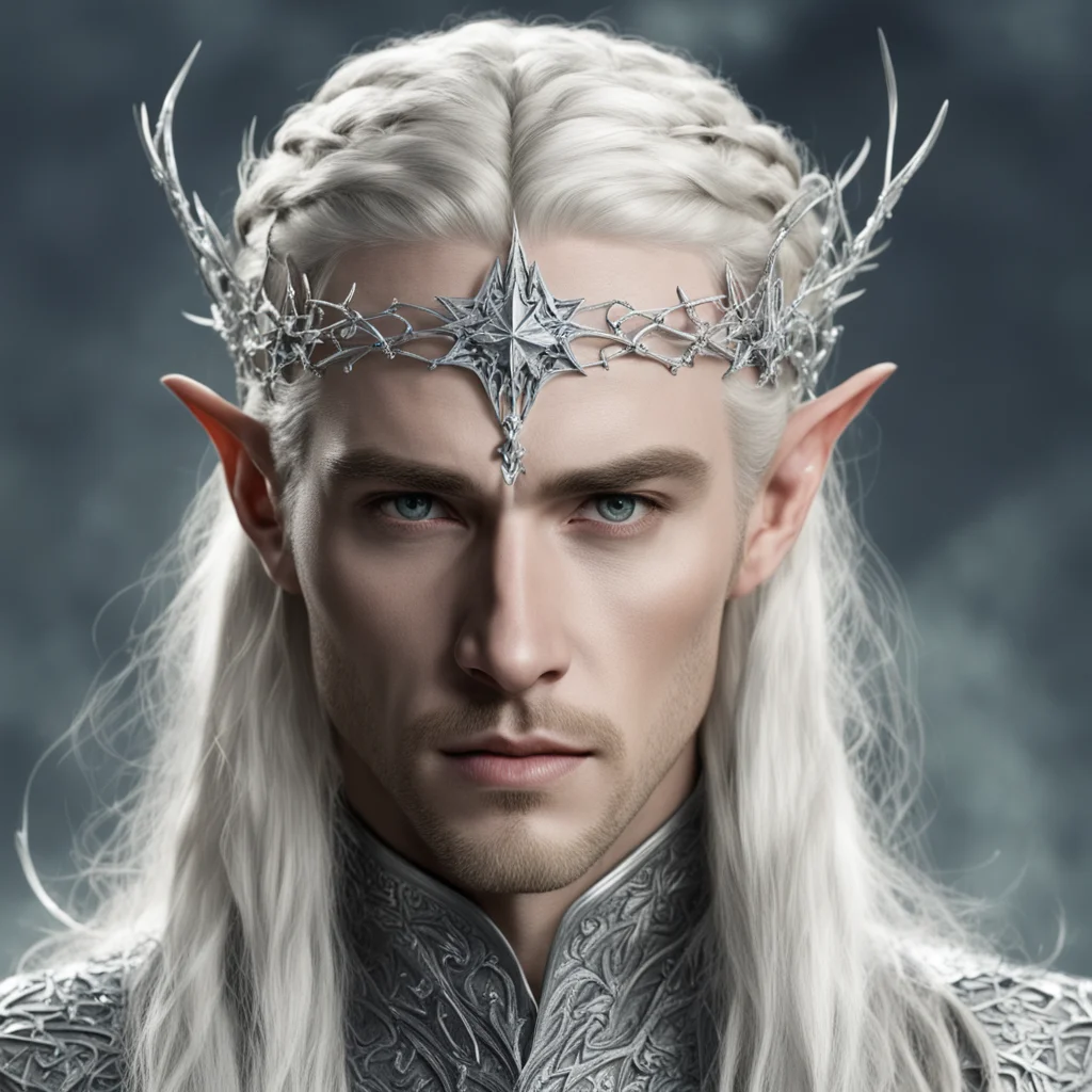 aiking thranduil with blond hair and braids wearing silver spiders encrusted with diamonds to form silver elvish circlet with large center diamond 