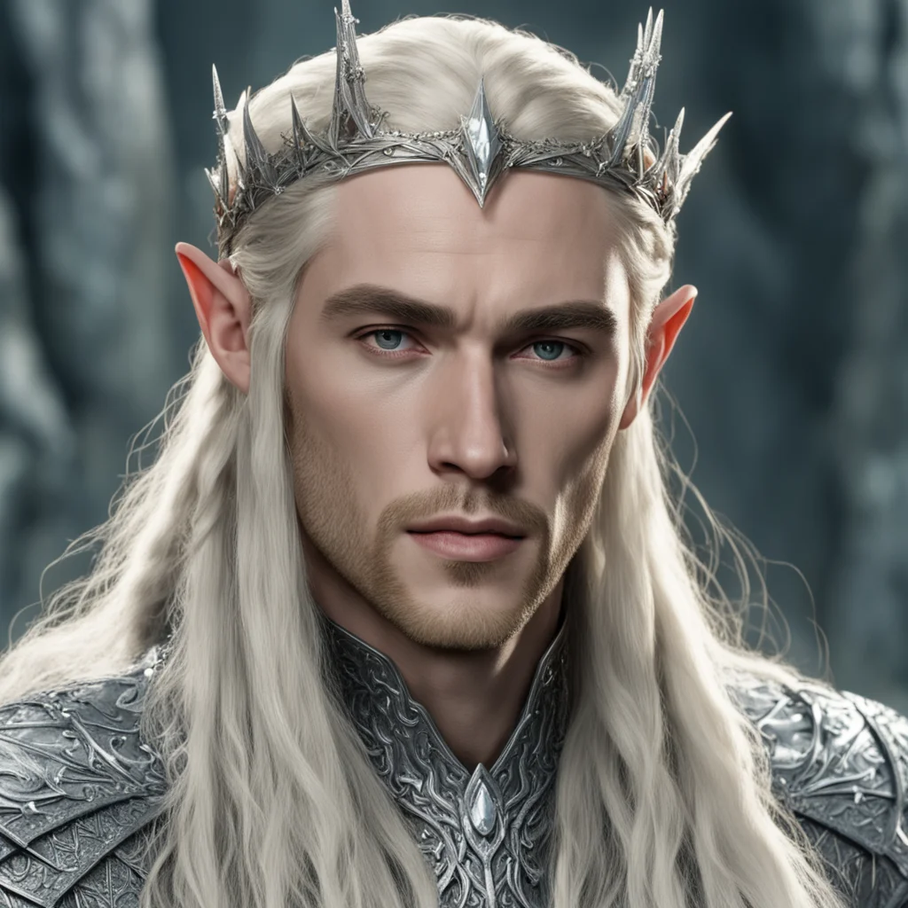 king thranduil with blond hair and braids wearing silver spiked elvish circlet encrusted with diamonds and with large center diamond confident engaging wow artstation art 3