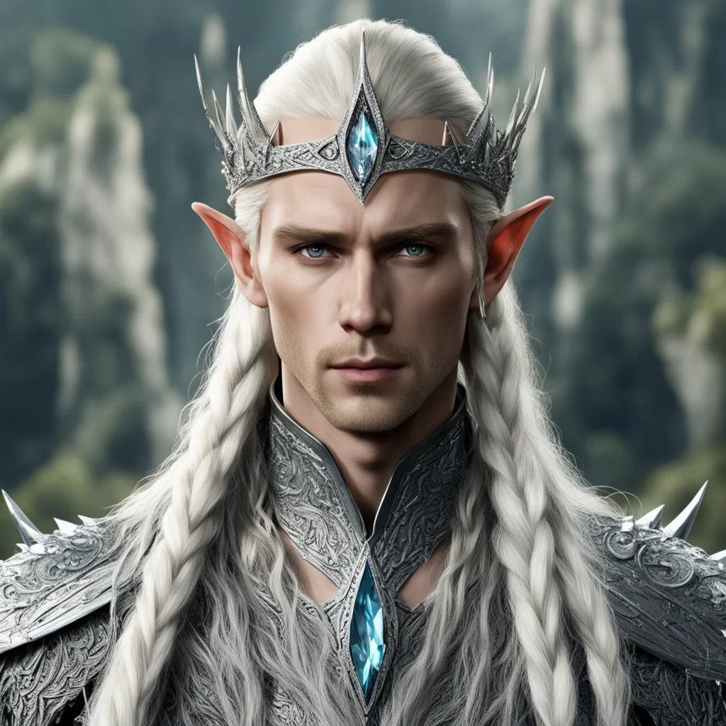 aiking thranduil with blond hair and braids wearing silver spiked elvish circlet encrusted with diamonds and with large center diamond good looking trending fantastic 1