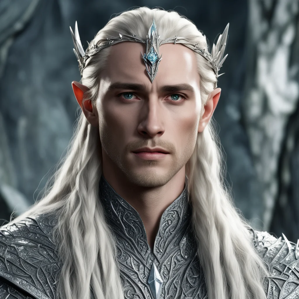 aiking thranduil with blond hair and braids wearing silver spiked elvish circlet encrusted with diamonds and with large center diamond
