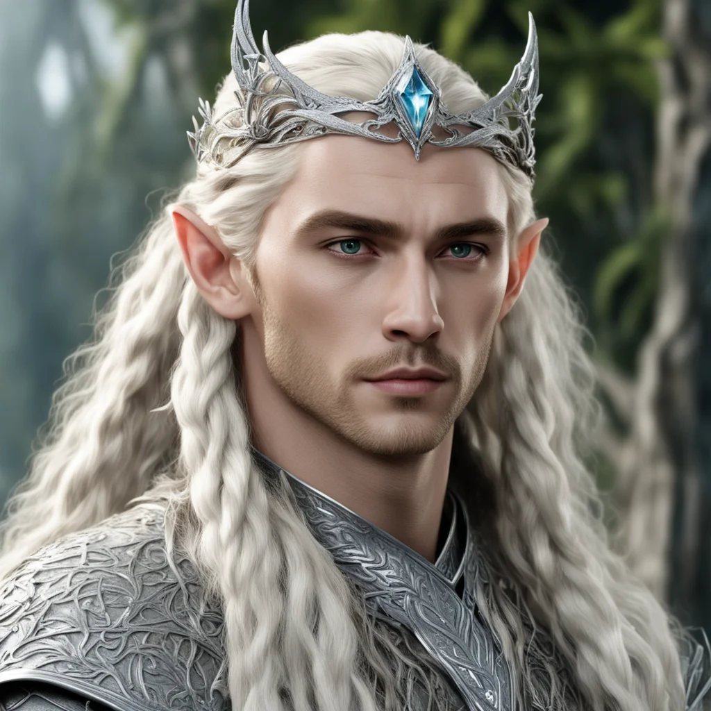 aiking thranduil with blond hair and braids wearing silver stag elvish circlet encrusted with diamonds with large center diamond amazing awesome portrait 2