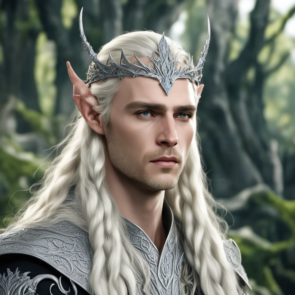 aiking thranduil with blond hair and braids wearing silver stag elvish circlet encrusted with diamonds with large center diamond good looking trending fantastic 1