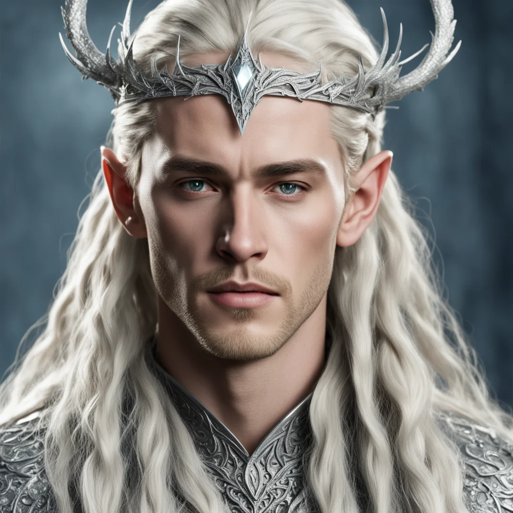 king thranduil with blond hair and braids wearing silver stag elvish circlet encrusted with diamonds with large center diamond