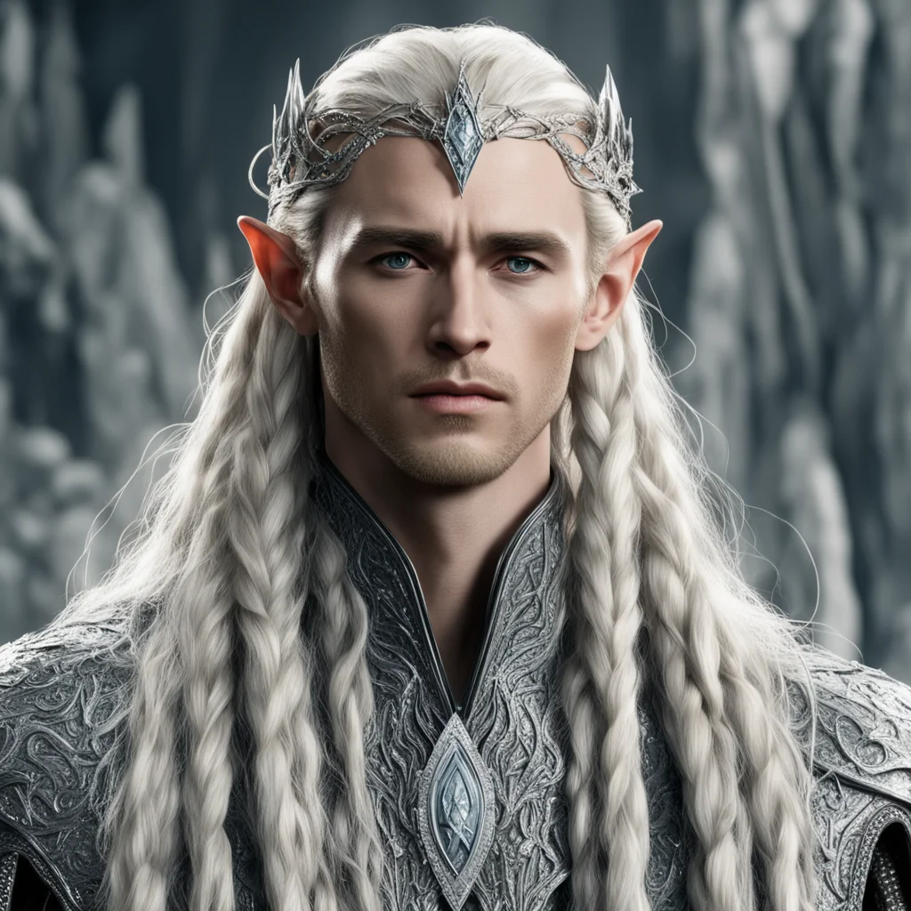 aiking thranduil with blond hair and braids wearing silver sticks encrusted with diamonds to form silver elvish coroner with large center diamond  amazing awesome portrait 2