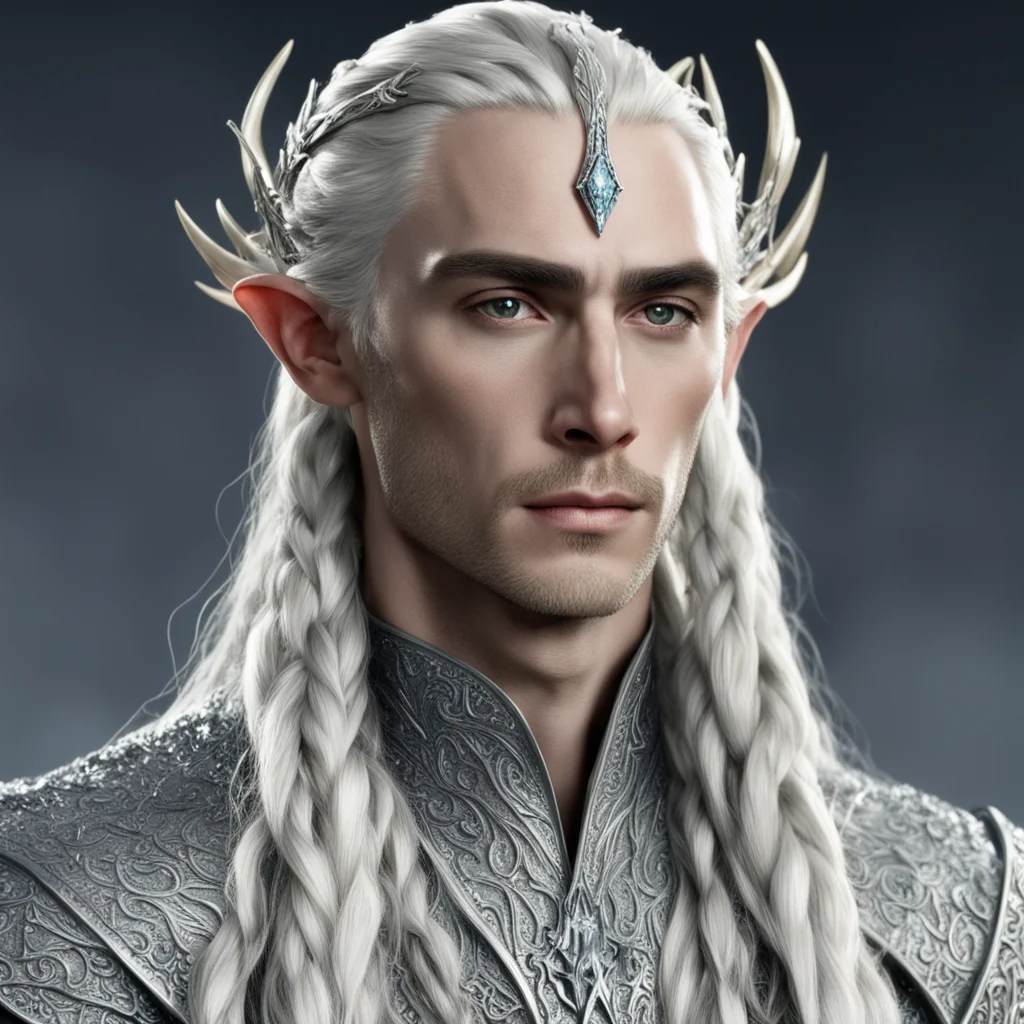aiking thranduil with blond hair and braids wearing silver sticks encrusted with diamonds to form silver elvish coroner with large center diamond  good looking trending fantastic 1