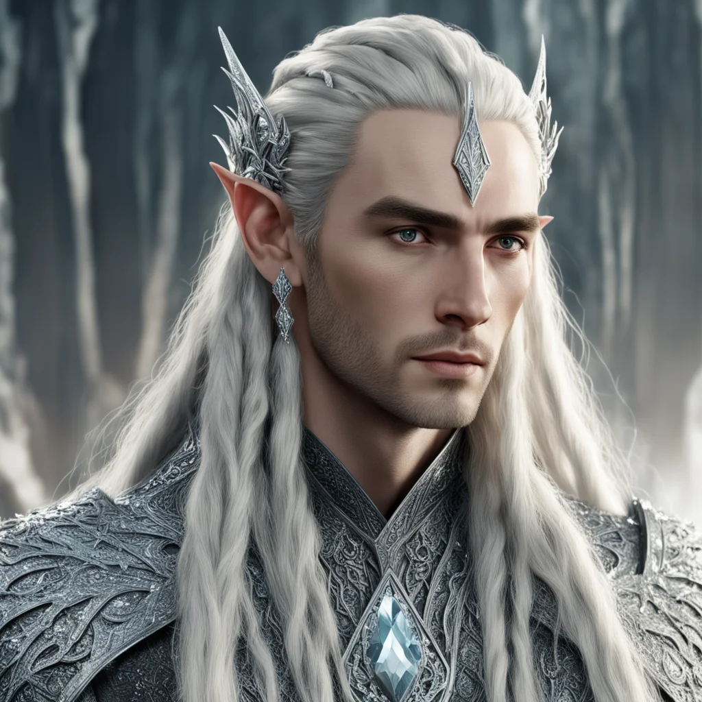 aiking thranduil with blond hair and braids wearing silver sticks encrusted with diamonds to form silver elvish coroner with large center diamond 