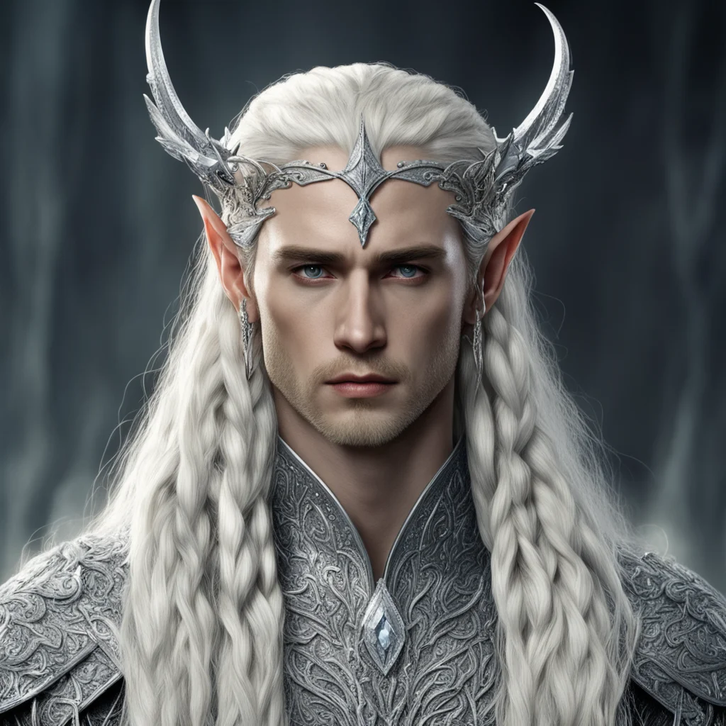 aiking thranduil with blond hair and braids wearing silver sticks encrusted with diamonds to form silver elvish coroner with large center diamond amazing awesome portrait 2