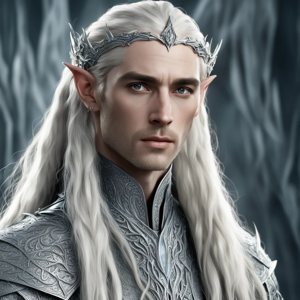 king thranduil with blond hair and braids wearing silver sticks encrusted with diamonds to form silver elvish coroner with large center diamond good looking trending fantastic 1