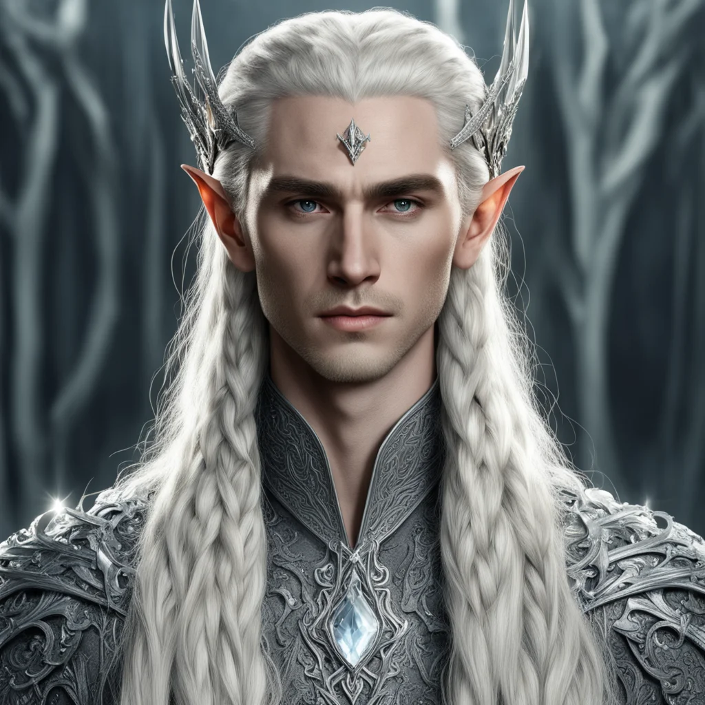 king thranduil with blond hair and braids wearing silver sticks encrusted with diamonds to form silver elvish coroner with large center diamond