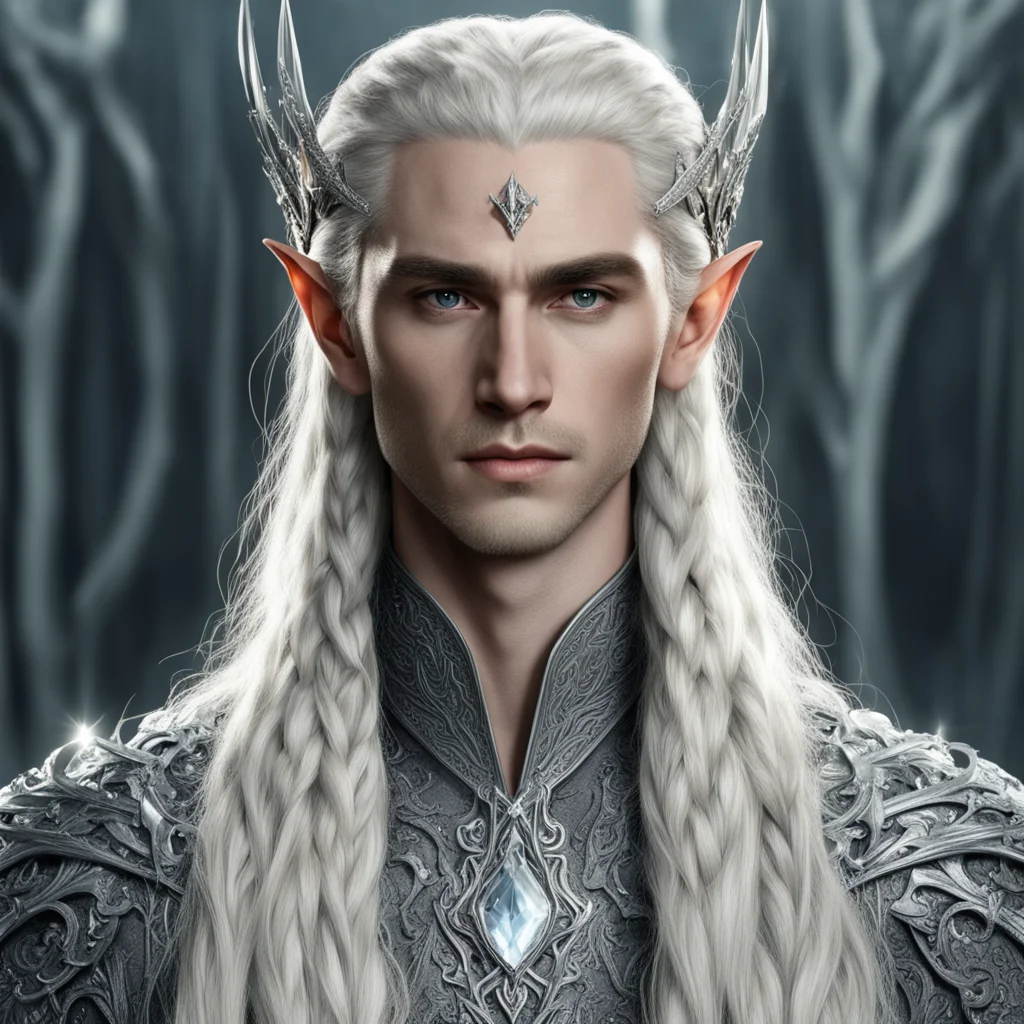 aiking thranduil with blond hair and braids wearing silver sticks encrusted with diamonds to form silver elvish coroner with large center diamond