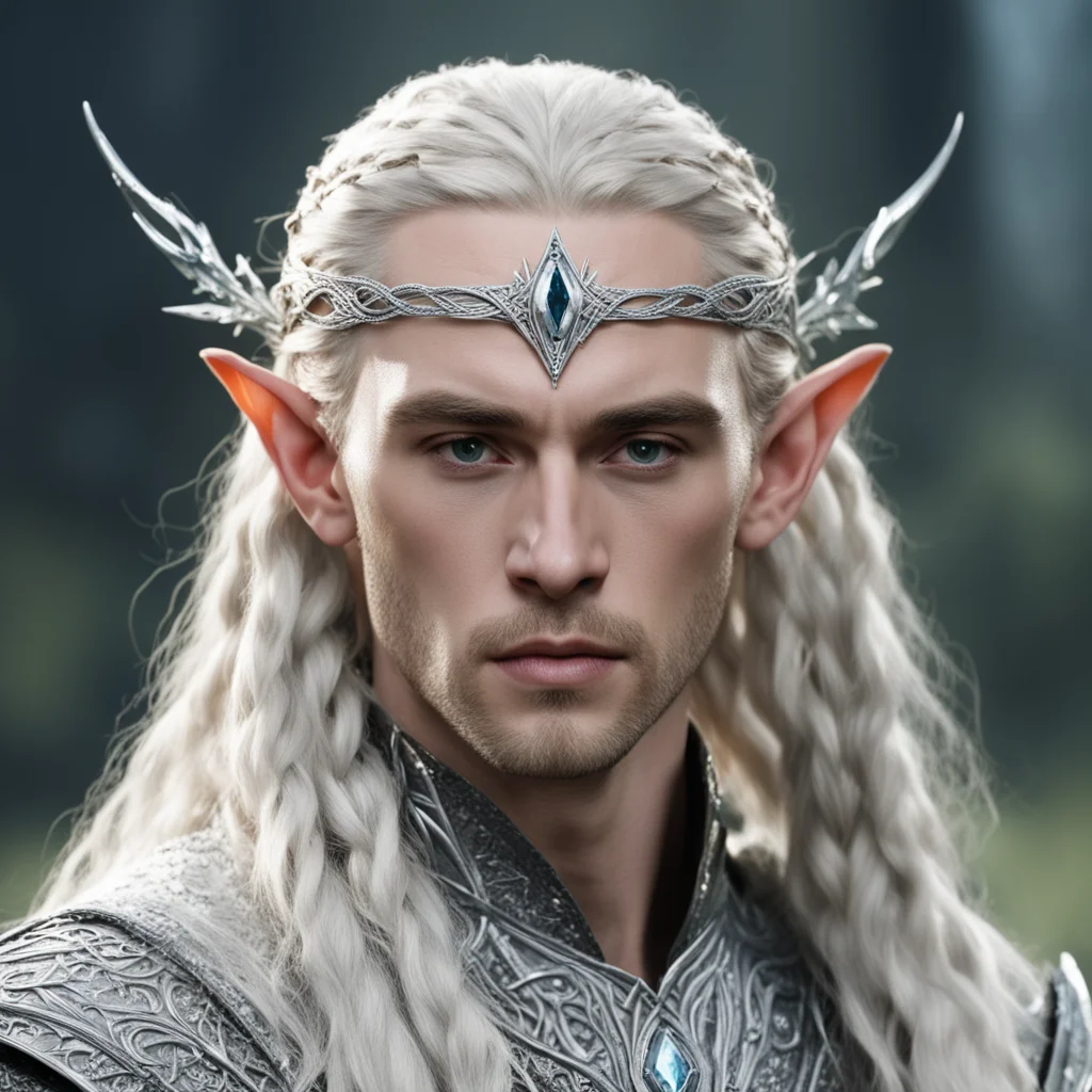 king thranduil with blond hair and braids wearing silver sticks interwoven to form silver elvish circlet encrusted with diamonds with large center diamond amazing awesome portrait 2
