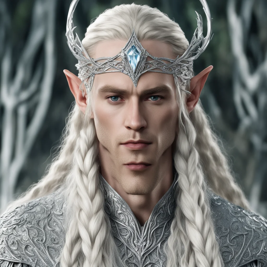 aiking thranduil with blond hair and braids wearing silver sticks interwoven to form silver elvish circlet encrusted with diamonds with large center diamond good looking trending fantastic 1