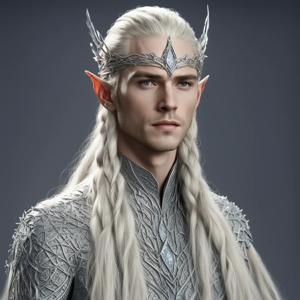 king thranduil with blond hair and braids wearing silver sticks interwoven to form silver elvish circlet encrusted with diamonds with large center diamond