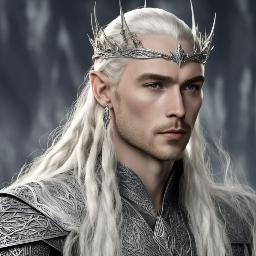 aiking thranduil with blond hair and braids wearing silver sticks interwoven to make spike silver elvish coronet with diamond with large center diamond amazing awesome portrait 2