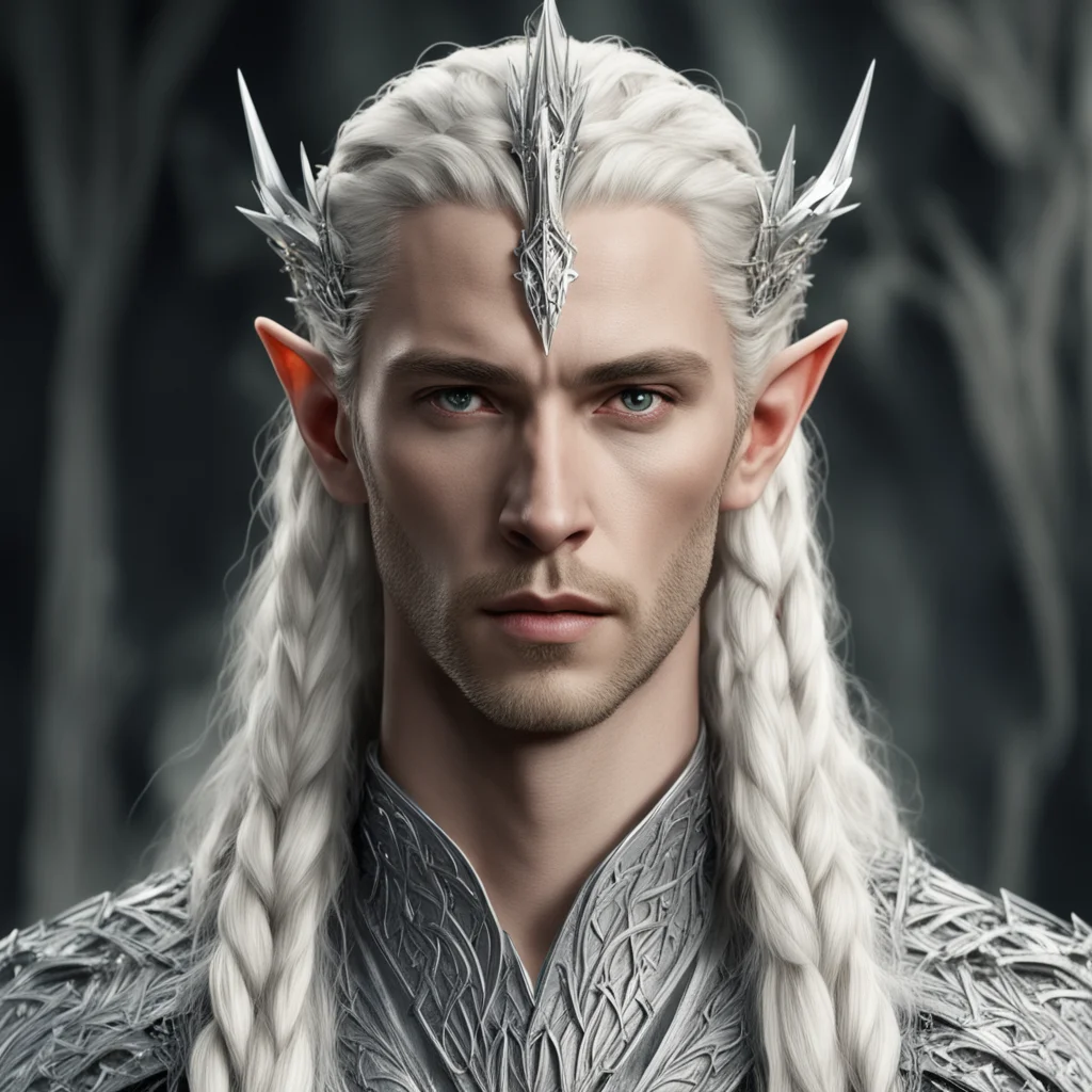 aiking thranduil with blond hair and braids wearing silver sticks interwoven to make spike silver elvish coronet with diamond with large center diamond good looking trending fantastic 1