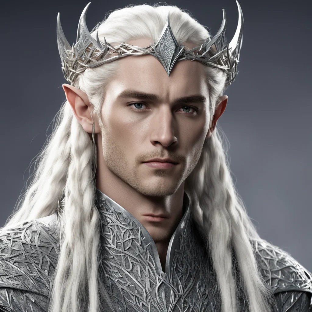 aiking thranduil with blond hair and braids wearing silver sticks interwoven to make spike silver elvish coronet with diamond with large center diamond