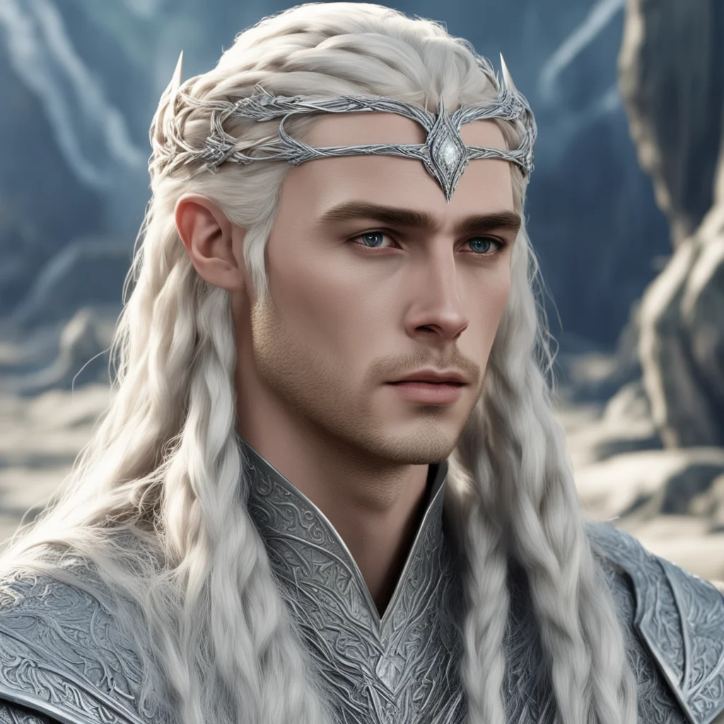 king thranduil with blond hair and braids wearing silver stings of diamonds in braids and small silver sindarin circlet with large center diamond  amazing awesome portrait 2