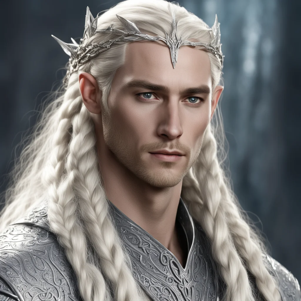 aiking thranduil with blond hair and braids wearing silver stings of diamonds in braids and small silver sindarin circlet with large center diamond  confident engaging wow artstation art 3