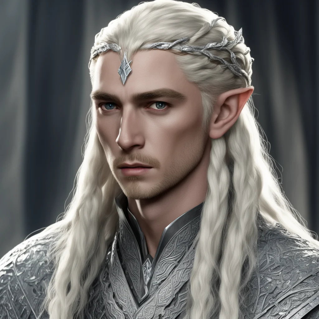 king thranduil with blond hair and braids wearing silver stings of diamonds in braids and small silver sindarin circlet with large center diamond  good looking trending fantastic 1
