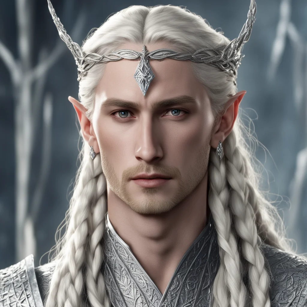 aiking thranduil with blond hair and braids wearing silver stings of diamonds in braids and small silver sindarin circlet with large center diamond 