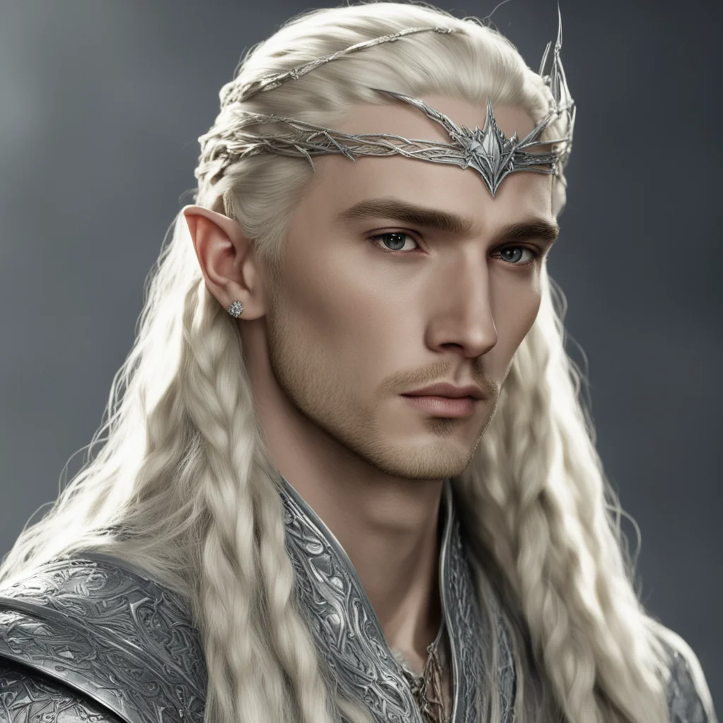 aiking thranduil with blond hair and braids wearing silver string of diamonds in his hair