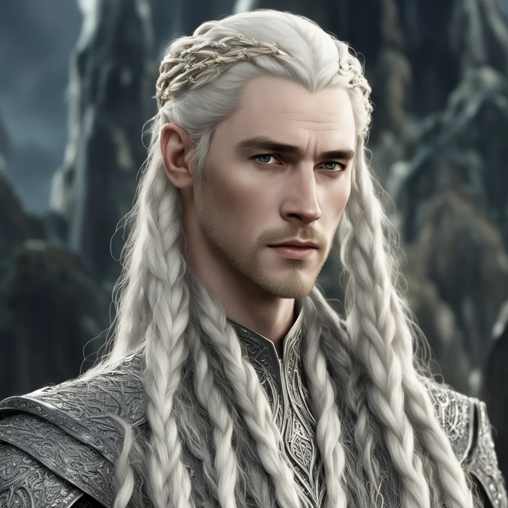 aiking thranduil with blond hair and braids wearing silver string of diamonds in the braids