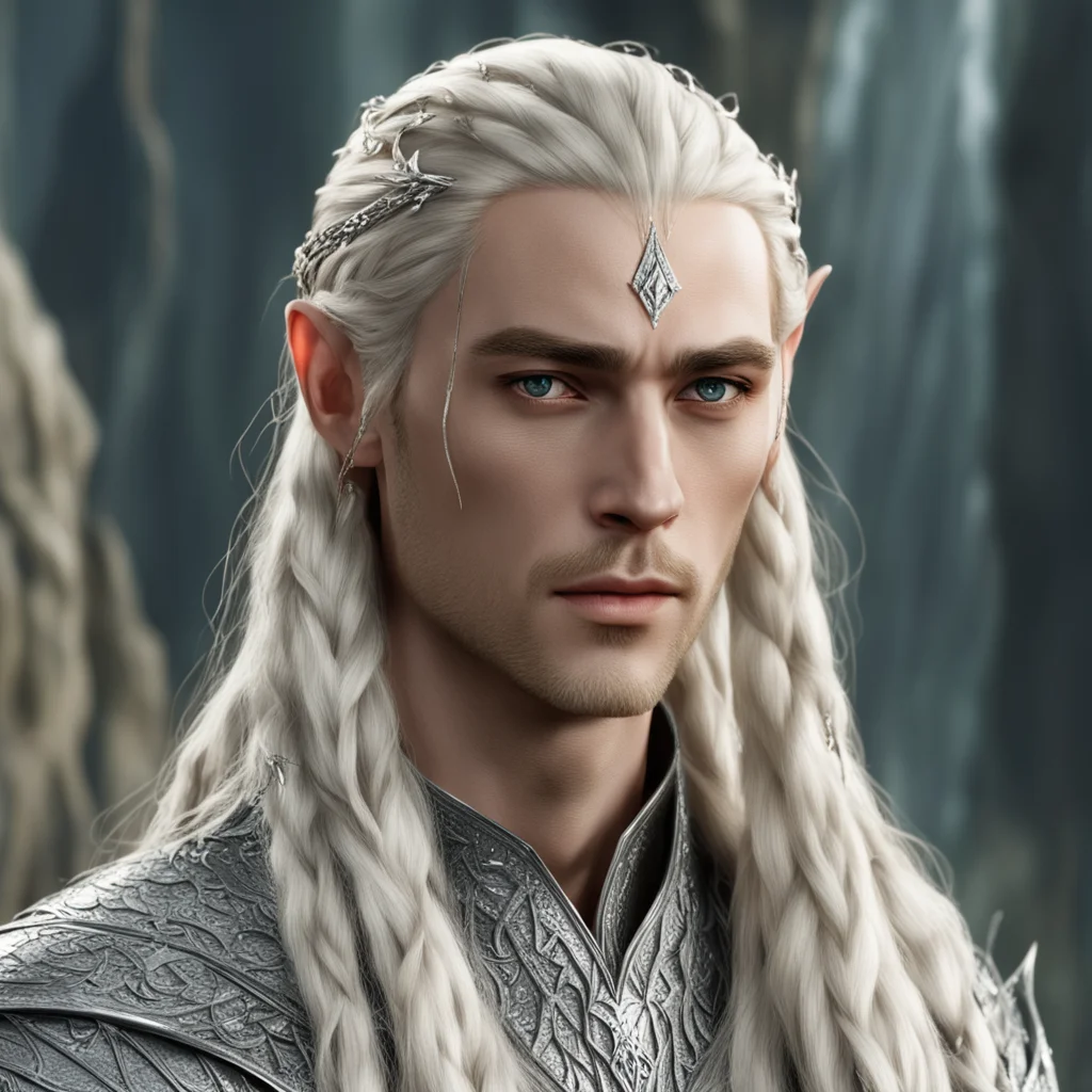 king thranduil with blond hair and braids wearing silver string of diamonds with large diamond attached to string of diamond at forehead  amazing awesome portrait 2
