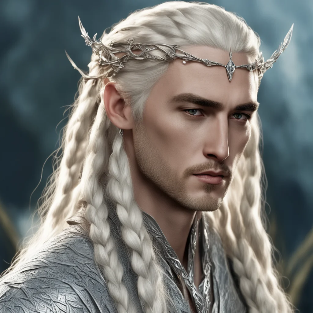 king thranduil with blond hair and braids wearing silver string of diamonds with large diamond attached to string of diamond at forehead  good looking trending fantastic 1
