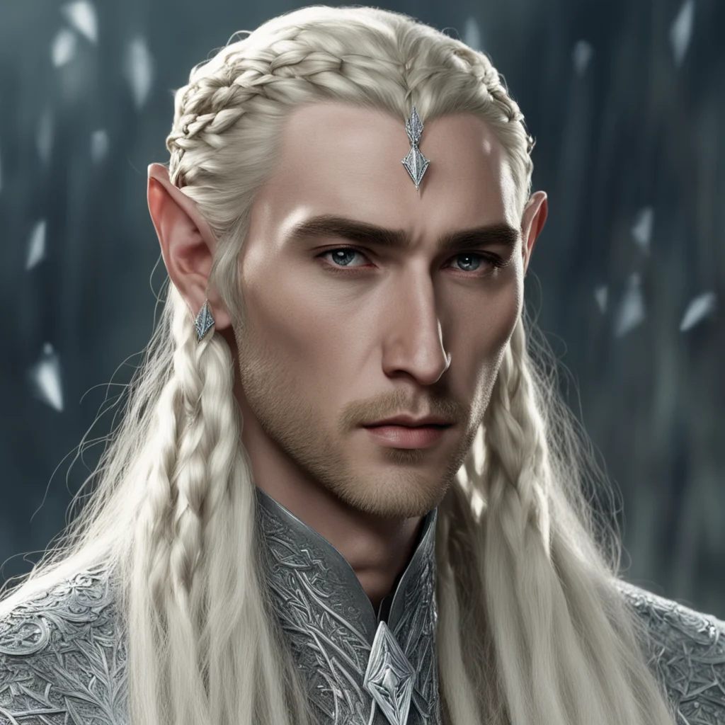 aiking thranduil with blond hair and braids wearing silver string of diamonds with large diamond attached to string of diamond at forehead 
