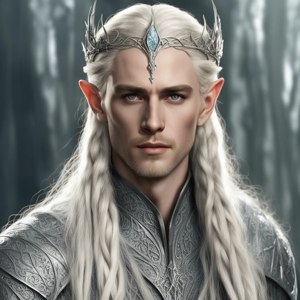 king thranduil with blond hair and braids wearing silver string with diamonds and silver elvish circlet with center diamond amazing awesome portrait 2