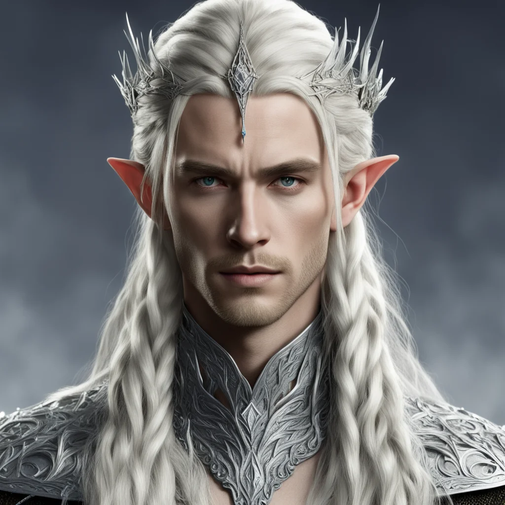 aiking thranduil with blond hair and braids wearing silver string with diamonds and silver elvish circlet with center diamond