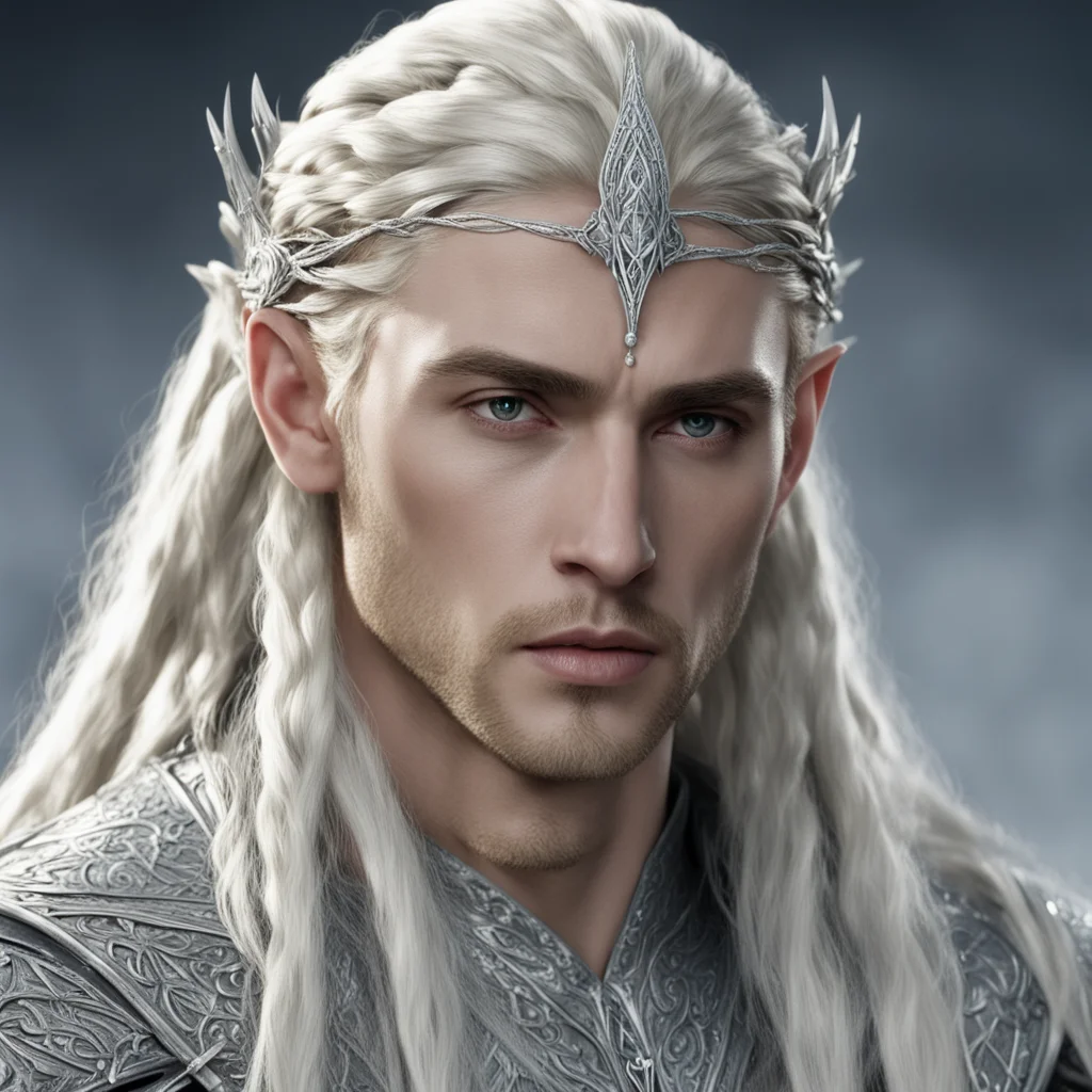 aiking thranduil with blond hair and braids wearing silver string with diamonds and silver elvish circlet with large center diamond good looking trending fantastic 1