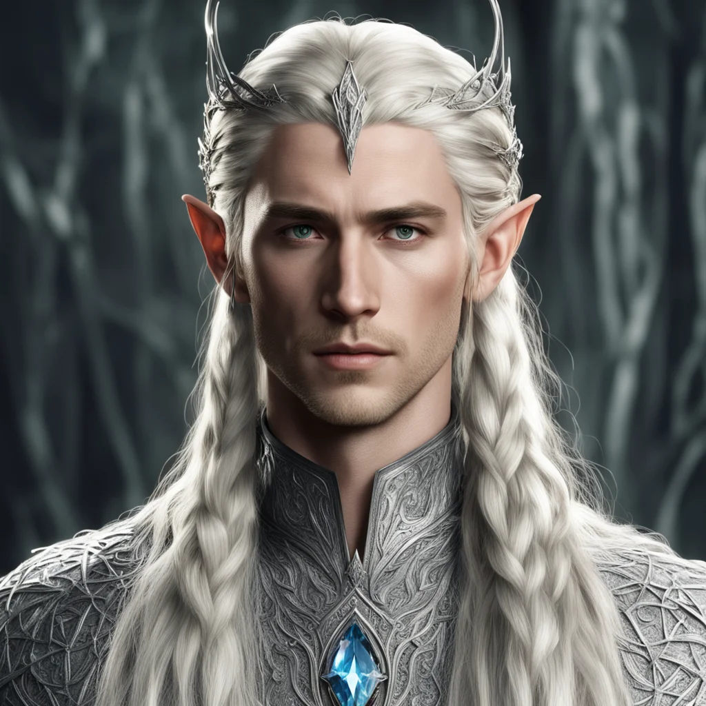 aiking thranduil with blond hair and braids wearing silver string with diamonds and silver elvish circlet with large center diamond