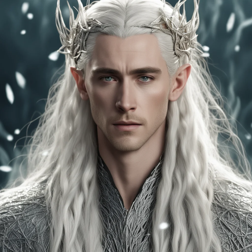 king thranduil with blond hair and braids wearing silver strings loaded with diamonds intertwined to form a net over entire head amazing awesome portrait 2