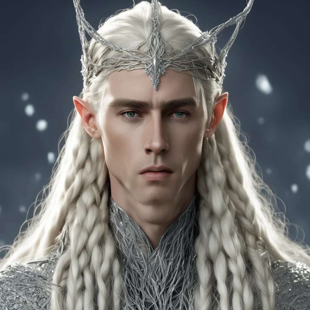 king thranduil with blond hair and braids wearing silver strings loaded with diamonds intertwined to form a net over entire head confident engaging wow artstation art 3