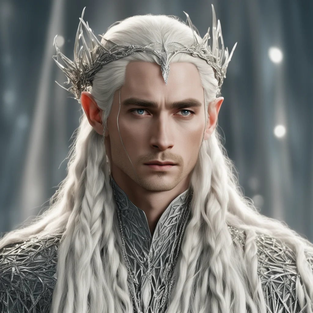 aiking thranduil with blond hair and braids wearing silver strings loaded with diamonds intertwined to form a net over entire head good looking trending fantastic 1