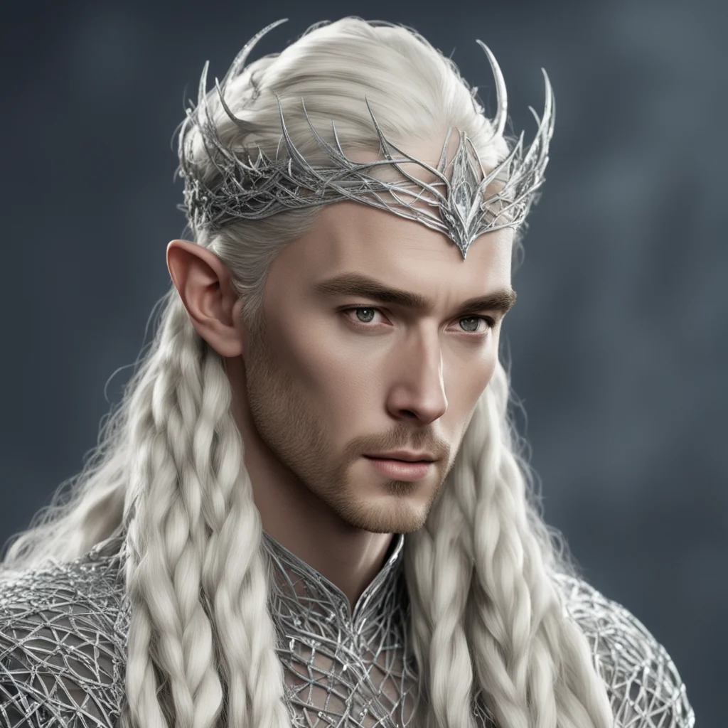 king thranduil with blond hair and braids wearing silver strings loaded with diamonds intertwined to form a net over entire head