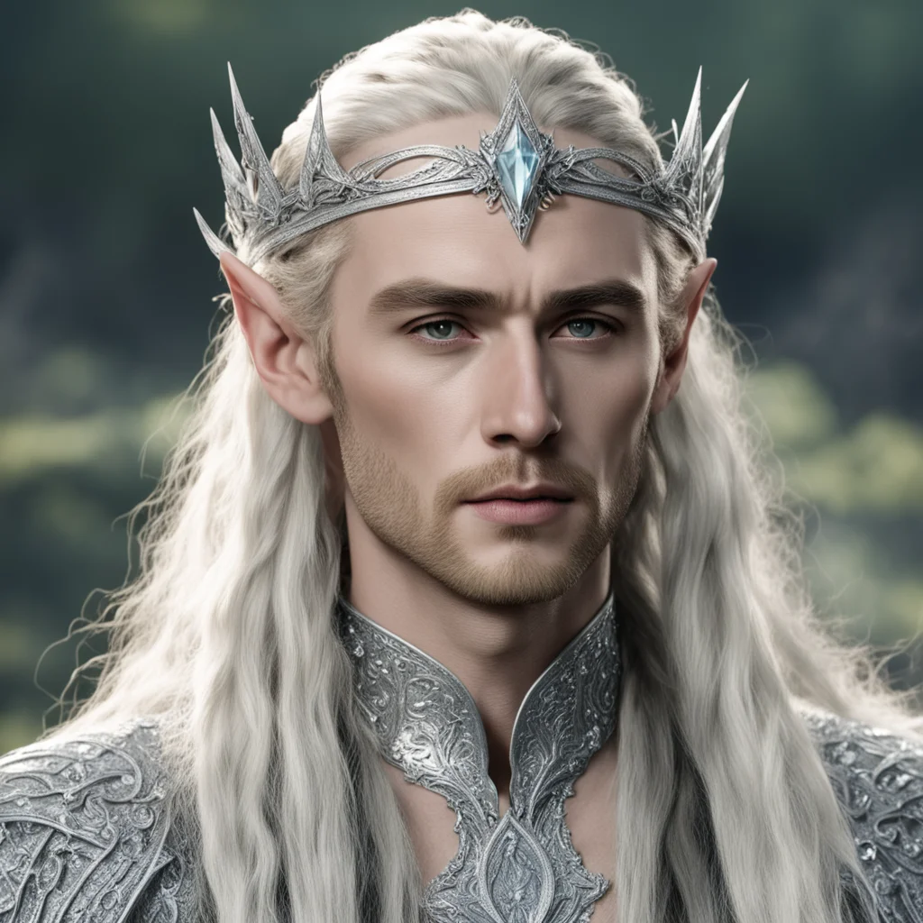 aiking thranduil with blond hair and braids wearing silver strings of diamonds wearing silver elvish circlet encrusted with diamonds with large center diamond  amazing awesome portrait 2