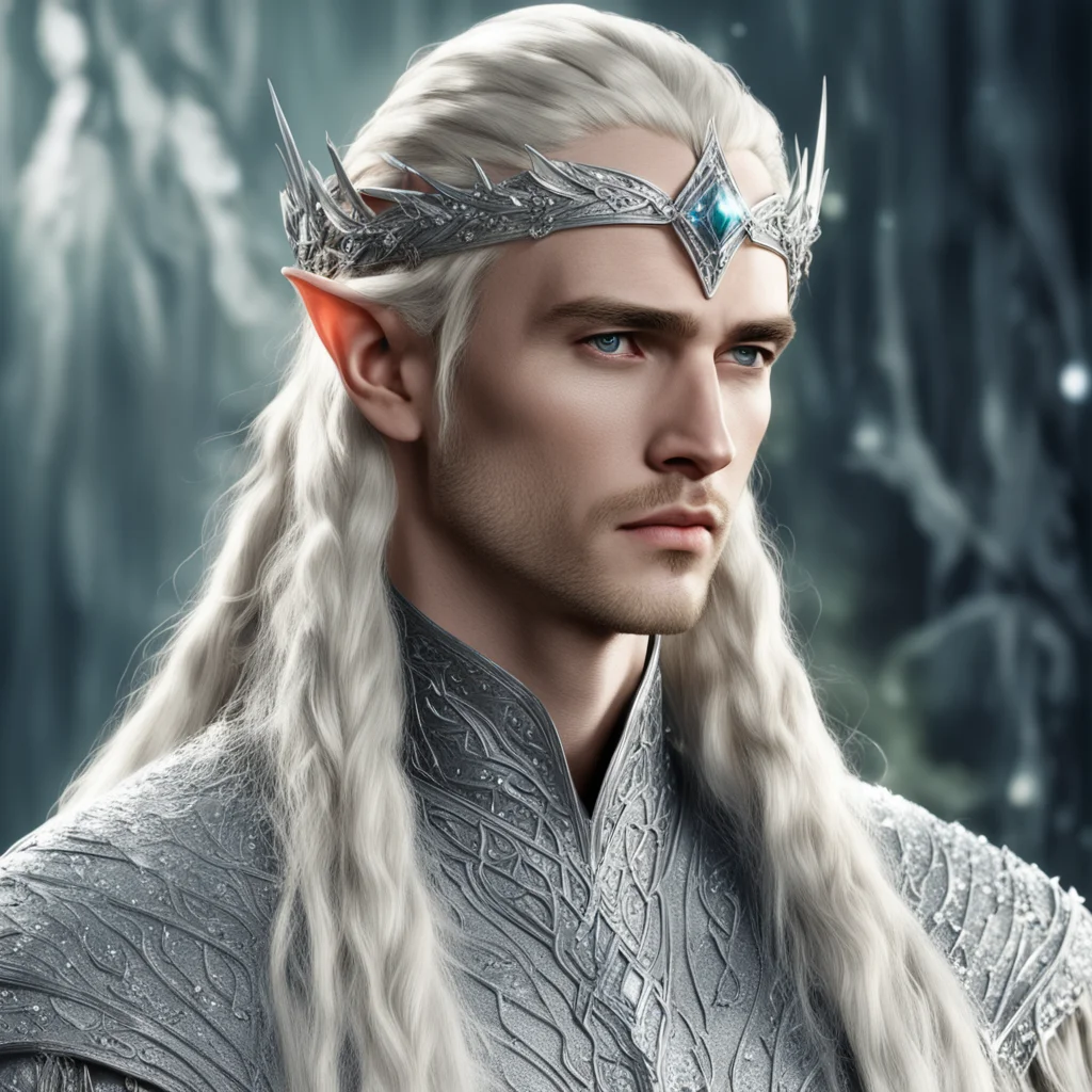 aiking thranduil with blond hair and braids wearing silver strings of diamonds wearing silver elvish circlet encrusted with diamonds with large center diamond  good looking trending fantastic 1