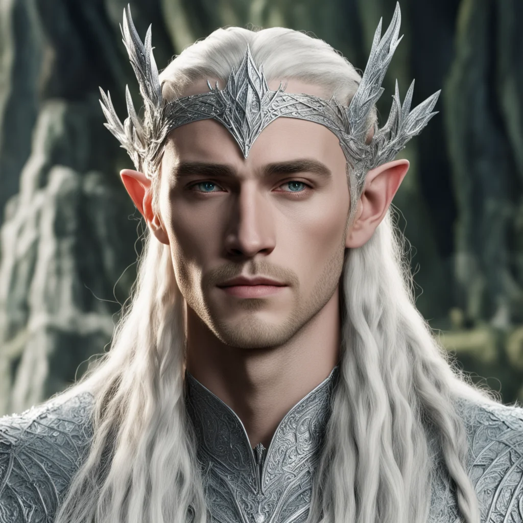 aiking thranduil with blond hair and braids wearing silver strings of diamonds wearing silver elvish circlet encrusted with diamonds with large center diamond 