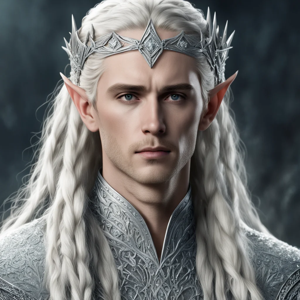 aiking thranduil with blond hair and braids wearing silver strings of diamonds wearing silver elvish circlet encrusted with diamonds with large center diamond amazing awesome portrait 2