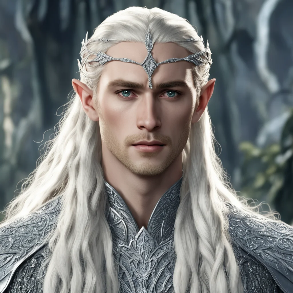 aiking thranduil with blond hair and braids wearing silver strings of diamonds wearing silver elvish circlet encrusted with diamonds with large center diamond good looking trending fantastic 1