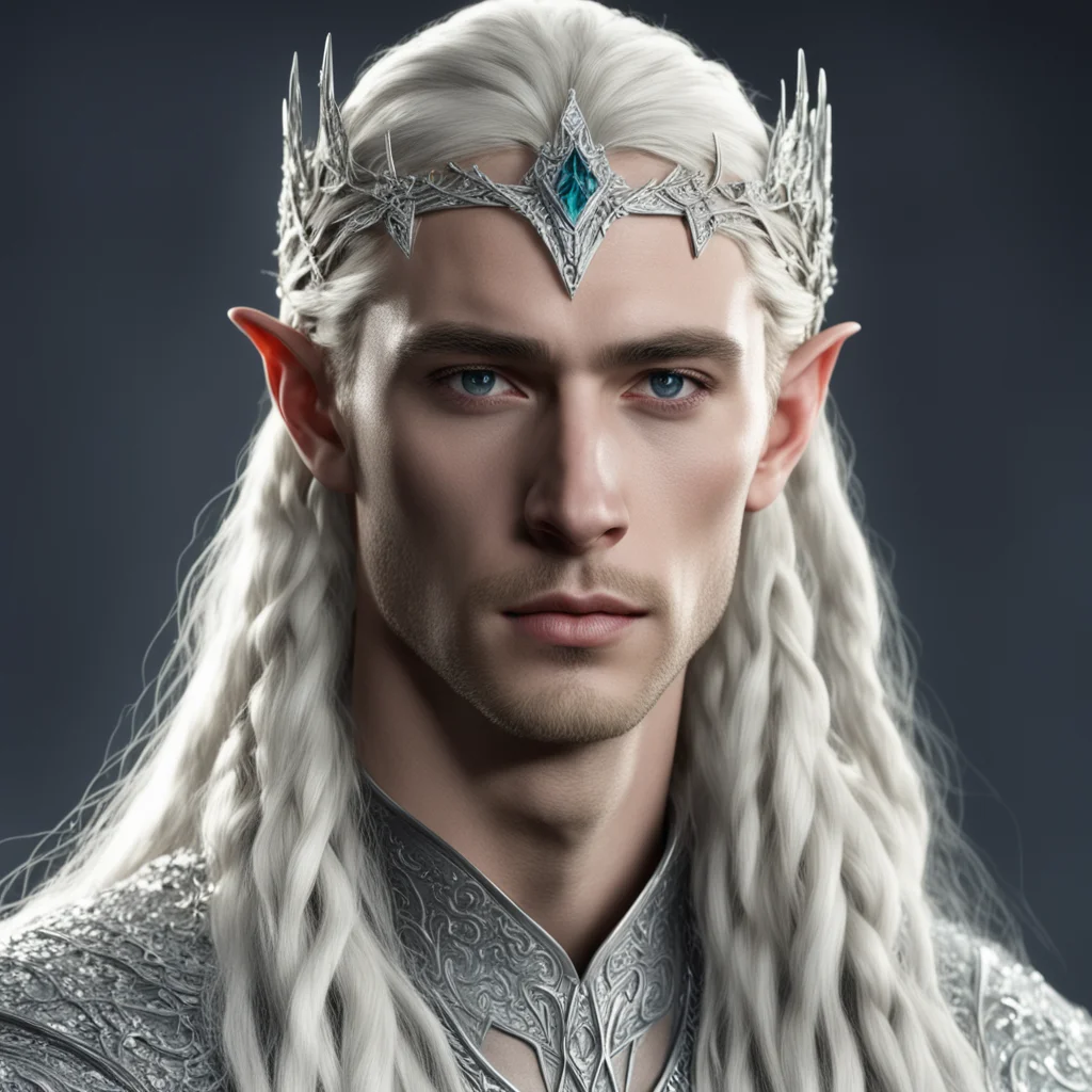 king thranduil with blond hair and braids wearing silver strings of diamonds with small silver nandorin elvish circlet encrusted with diamonds with center diamond  good looking trending fantastic 1.