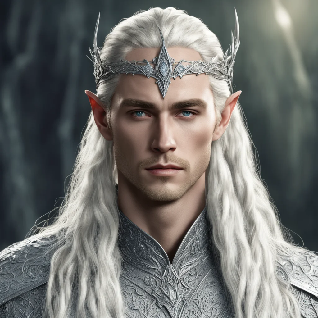 king thranduil with blond hair and braids wearing silver strings of diamonds with small silver nandorin elvish circlet encrusted with diamonds with center diamond 