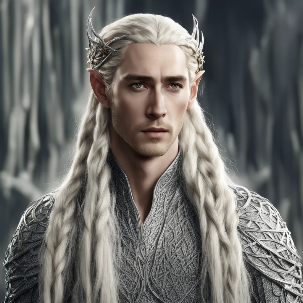 aiking thranduil with blond hair and braids wearing silver strings with diamonds to form a net of the hair amazing awesome portrait 2