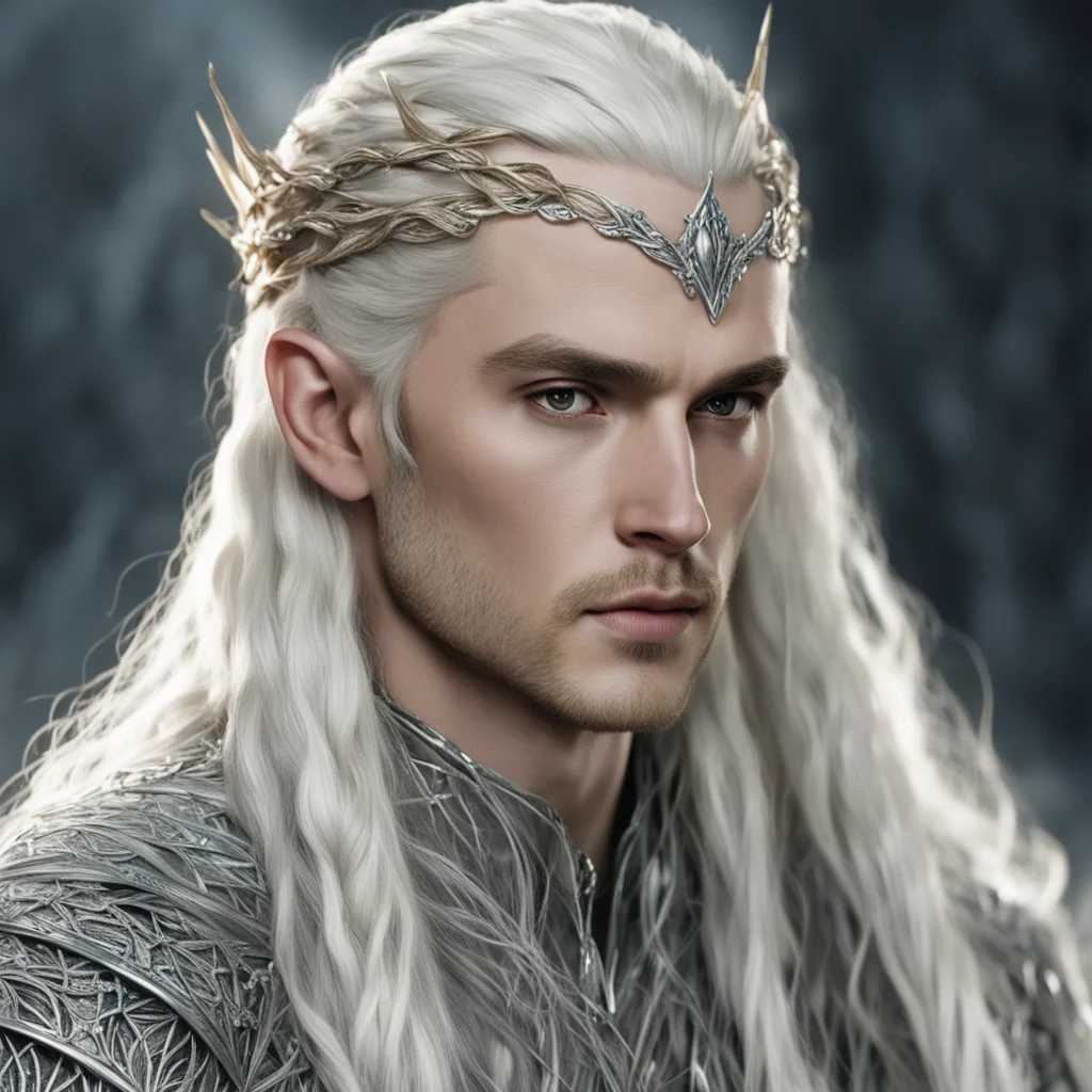 aiking thranduil with blond hair and braids wearing silver strings with diamonds to form a net of the hair good looking trending fantastic 1