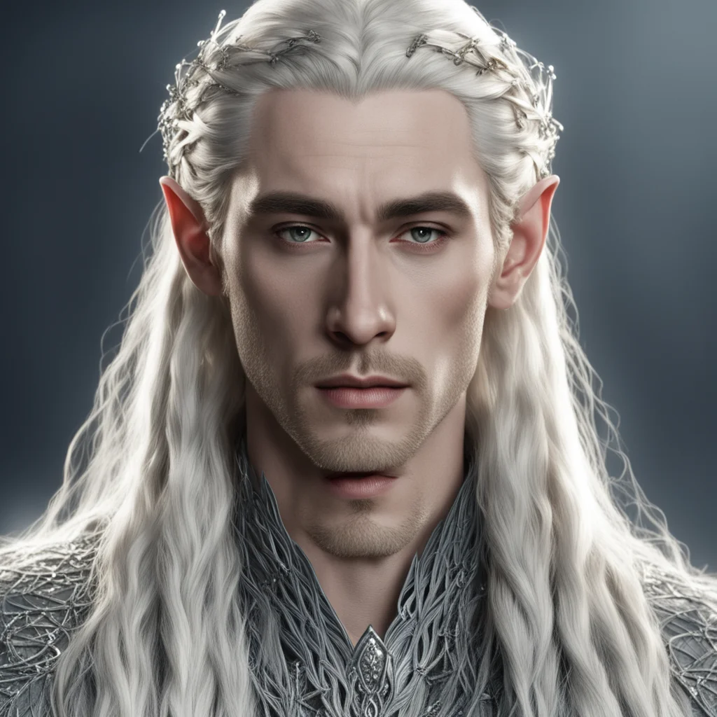 king thranduil with blond hair and braids wearing silver strings with diamonds to form a net of the hair
