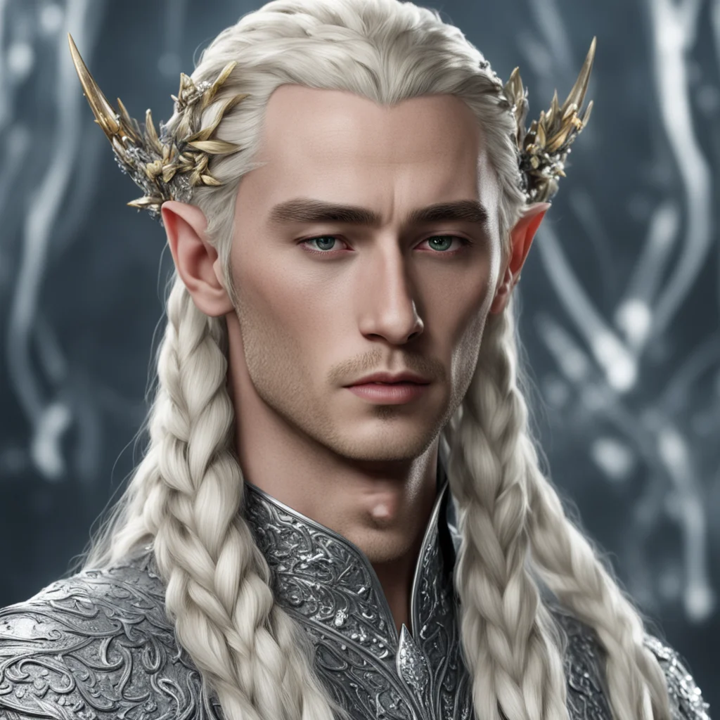 king thranduil with blond hair and braids wearing silver that are encrusted with diamonds with diamond berries on head amazing awesome portrait 2