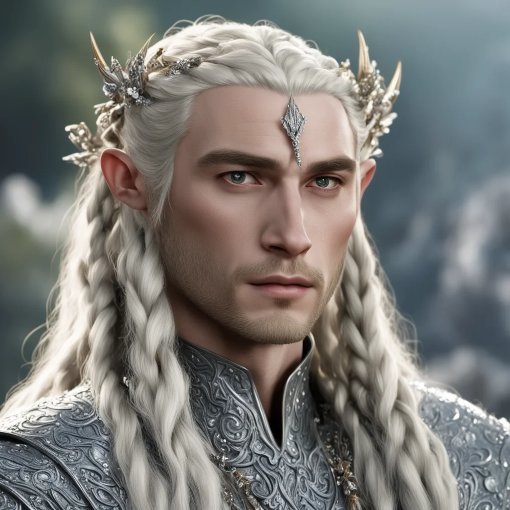 king thranduil with blond hair and braids wearing silver that are encrusted with diamonds with diamond berries on head confident engaging wow artstation art 3
