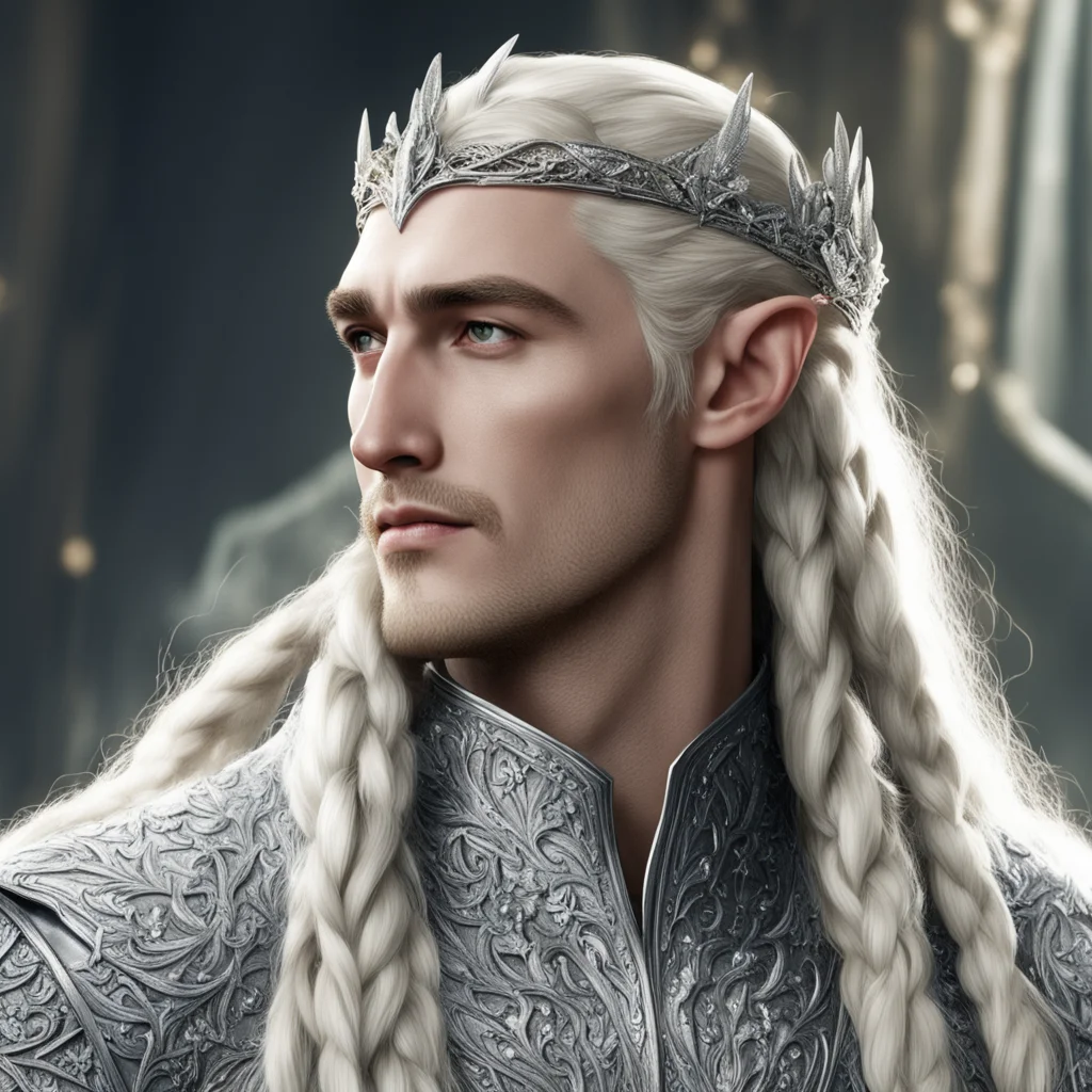 aiking thranduil with blond hair and braids wearing silver that are encrusted with diamonds with diamond berries on head good looking trending fantastic 1